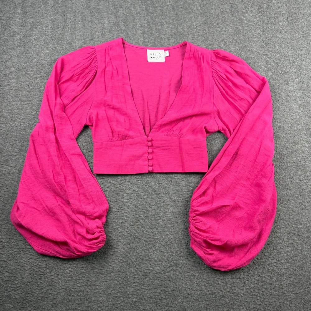 Hello Molly Hot Pink Deep V-Neck Balloon Sleeve Crop Top Women's XS US 2